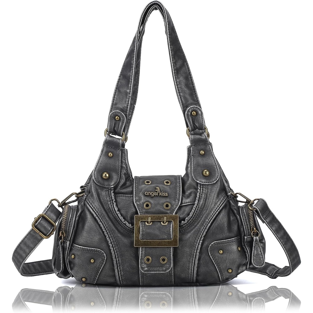 image:imageAngel Kiss Hobo Purses for Women Small Vegan Leather Shoulder Handbag Vintage MultiPocket Crossbody Bag Tote BagSilver Grey