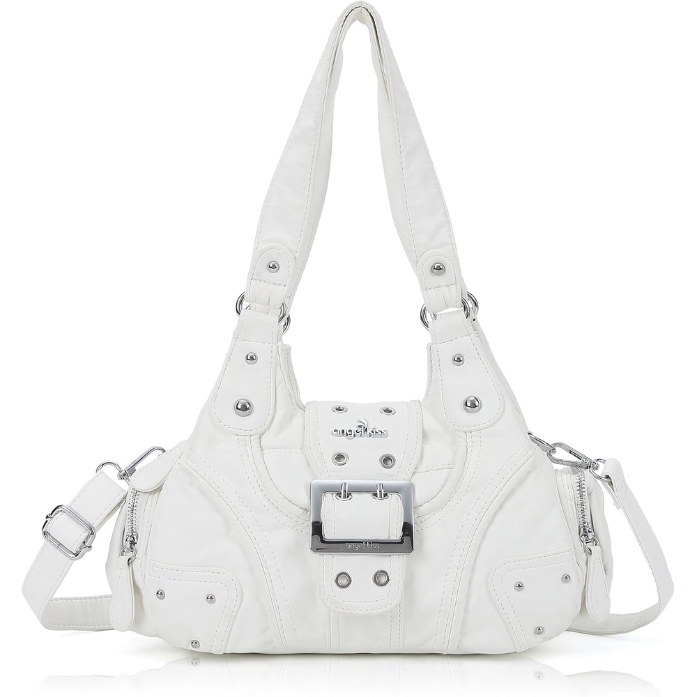 image:imageAngel Kiss Hobo Purses for Women Small Vegan Leather Shoulder Handbag Vintage MultiPocket Crossbody Bag Tote BagWhite
